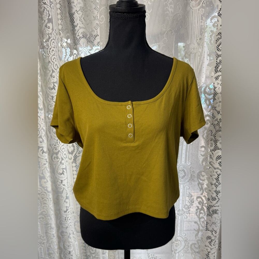 Madewell NWT Women’s Sz XL Ribbed Henley Crop Top Olive Green Brown